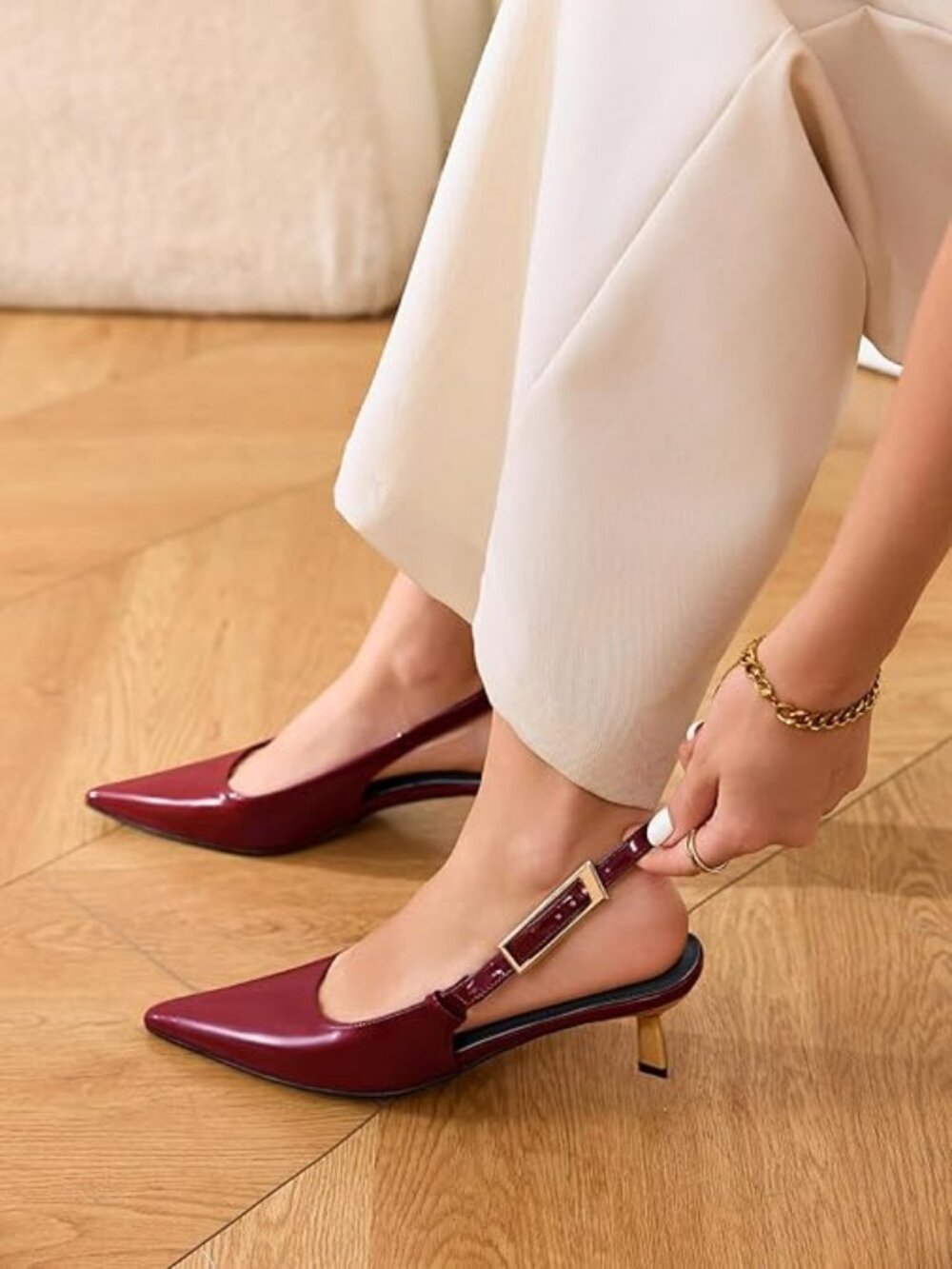 Women’s Slingback Kitten Heels – Closed Pointed Toe Buckle Strap Pumps Wedding - Picture 2 of 6